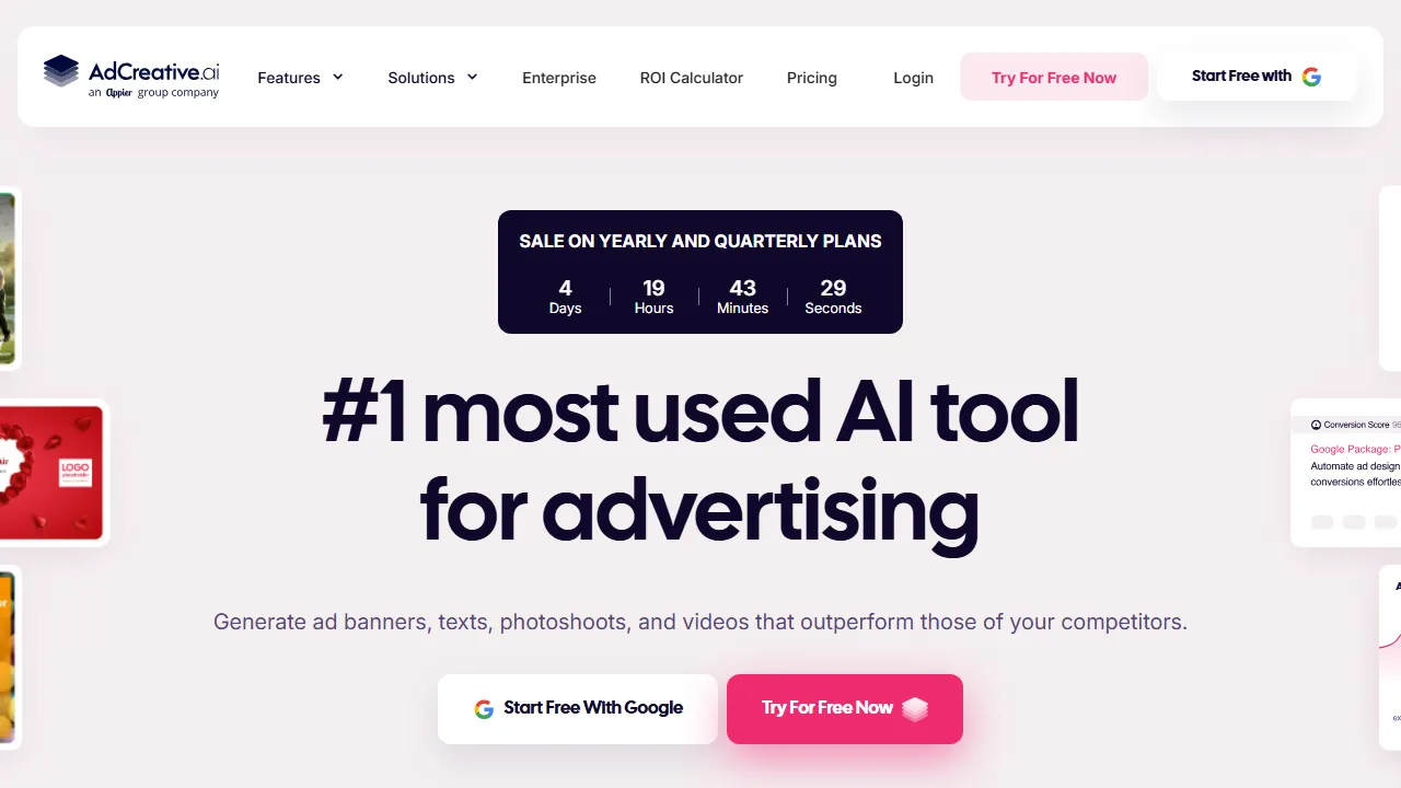 AdCreative.ai interface screenshot showing the main dashboard