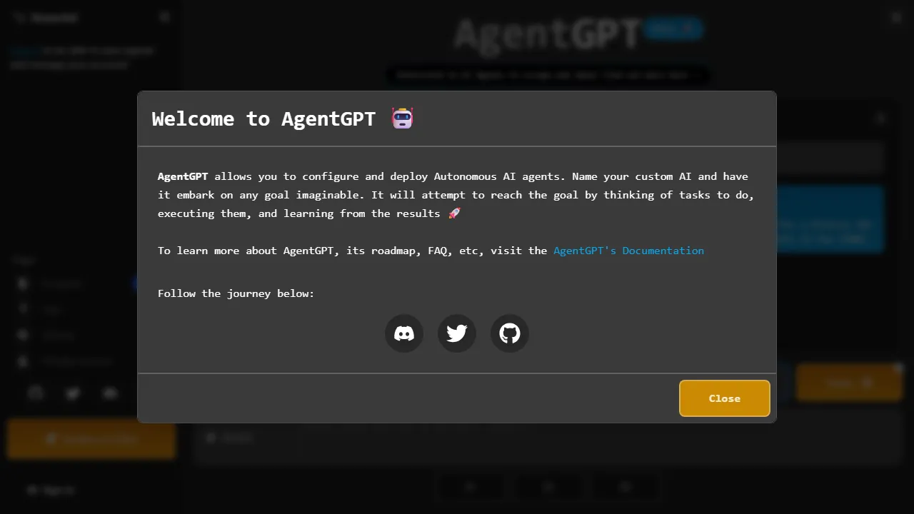 AgentGPT interface screenshot showing the main dashboard