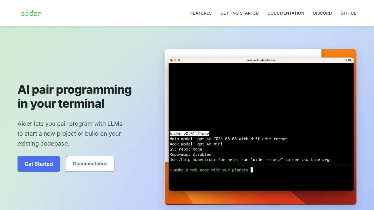 Aider interface screenshot showing the main dashboard