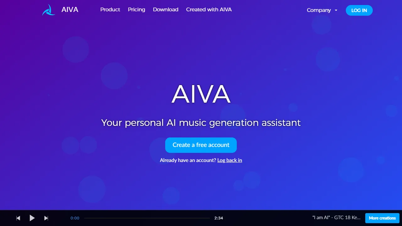 AIVA interface screenshot showing the main dashboard