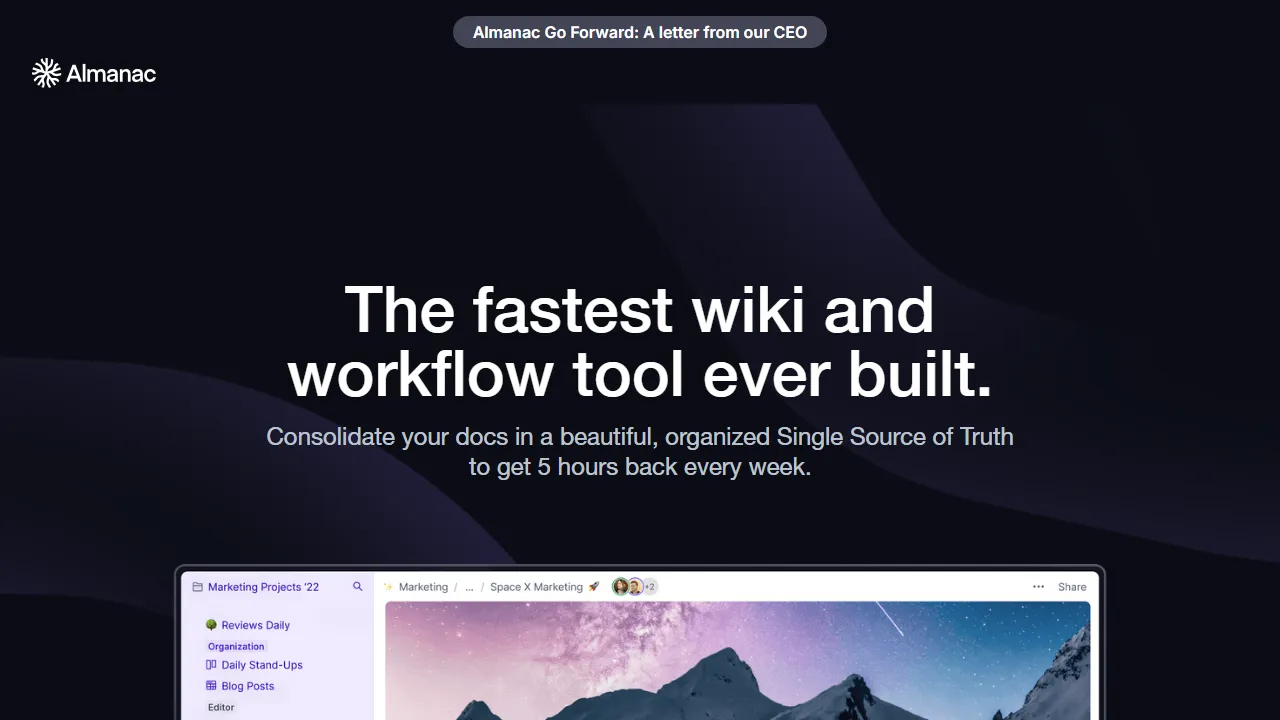 Almanac interface screenshot showing the main dashboard