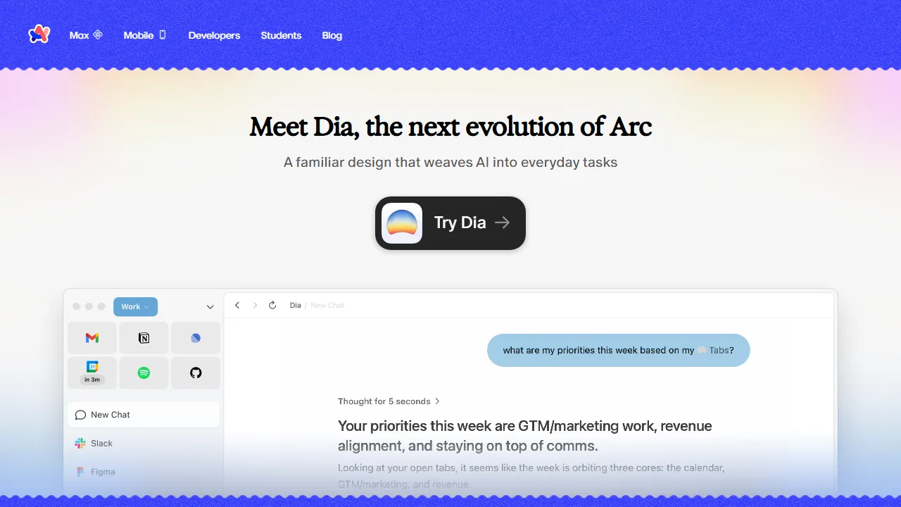Arc Search interface screenshot showing the main dashboard