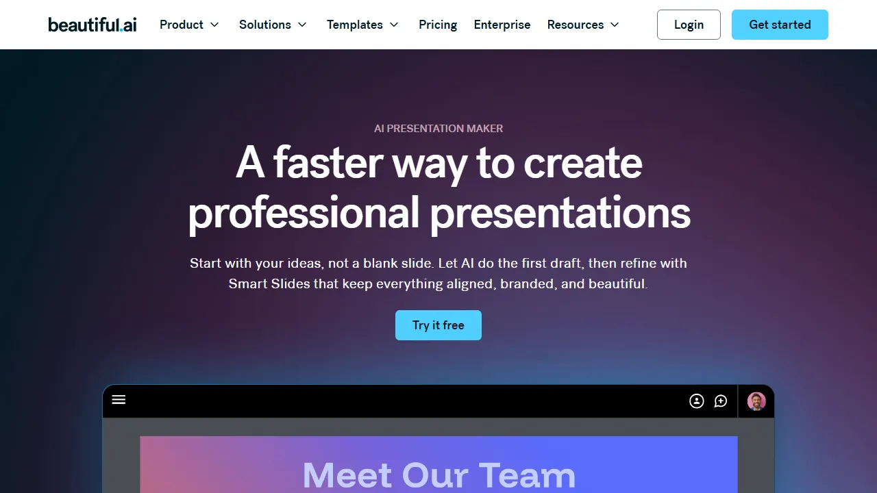 Beautiful.ai Docs interface screenshot showing the main dashboard