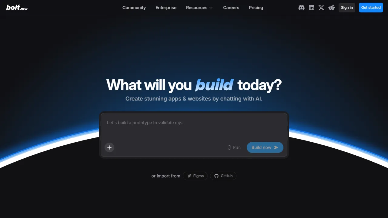 Bolt.new interface screenshot showing the main dashboard