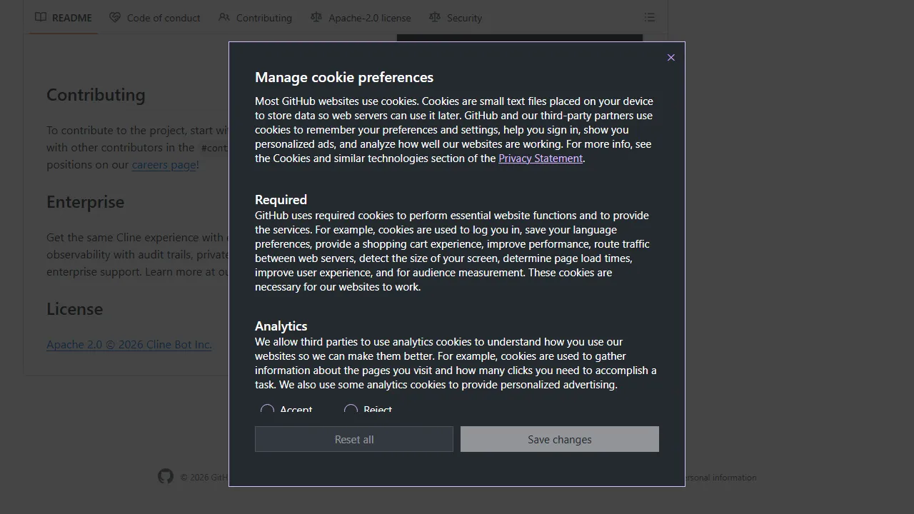 Cline interface screenshot showing the main dashboard