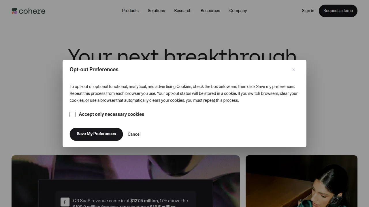Cohere Command R+ interface screenshot showing the main dashboard