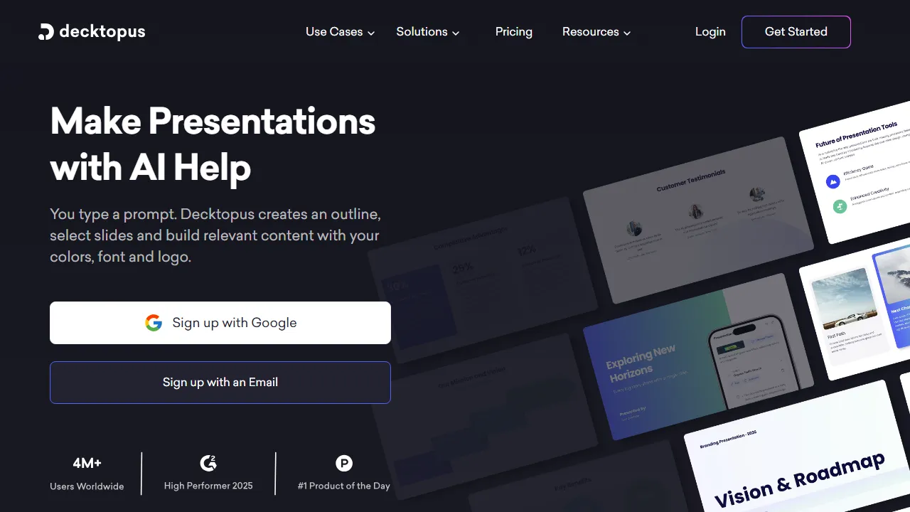 Decktopus AI interface screenshot showing the main dashboard