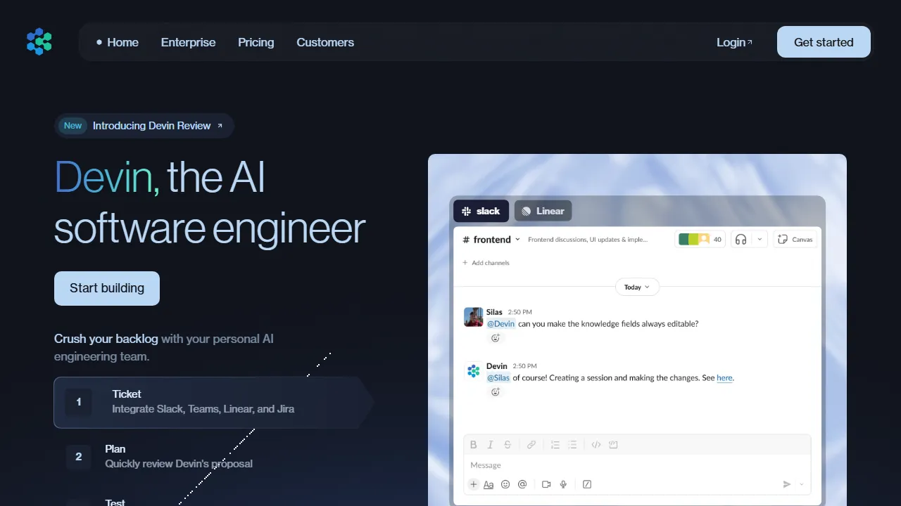 Devin interface screenshot showing the main dashboard