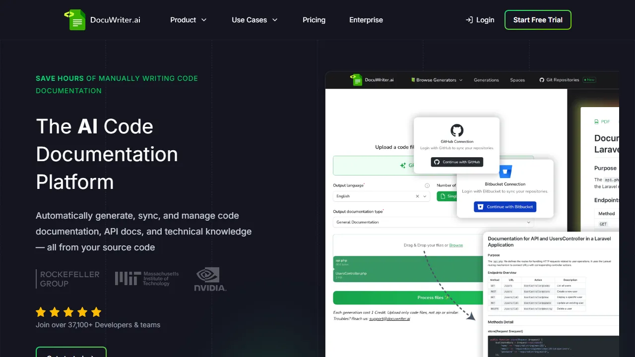 Docuwriter.ai interface screenshot showing the main dashboard