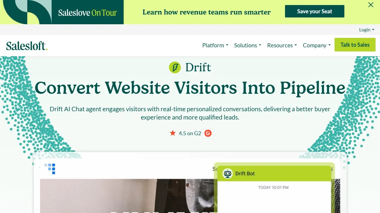 Drift (Salesloft) interface screenshot showing the main dashboard