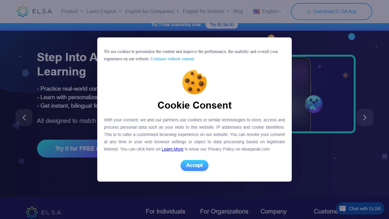 ELSA Speak interface screenshot showing the main dashboard