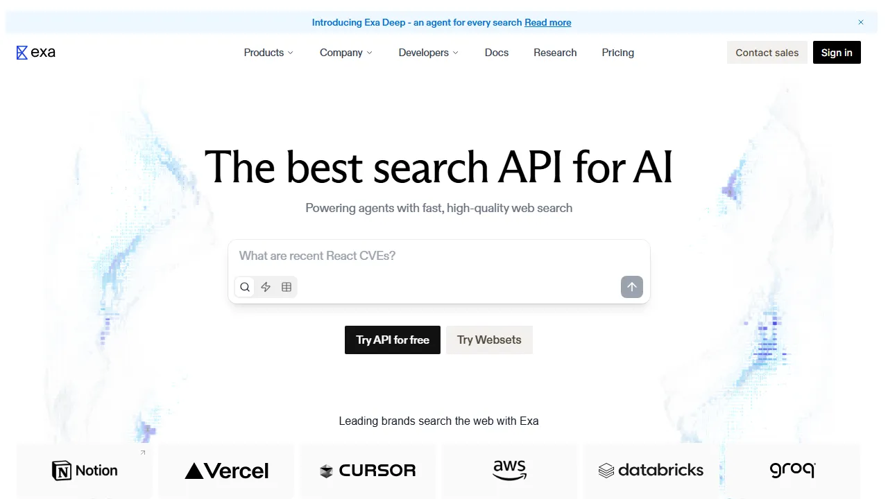 Exa interface screenshot showing the main dashboard