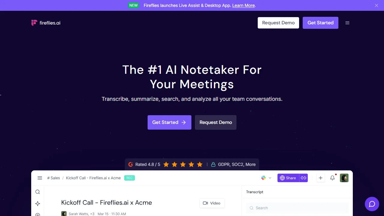 Fireflies.ai interface screenshot showing the main dashboard