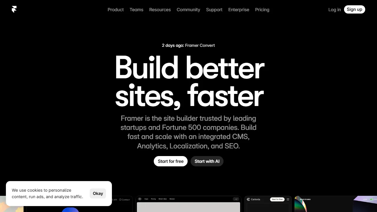 Framer AI interface screenshot showing the main dashboard
