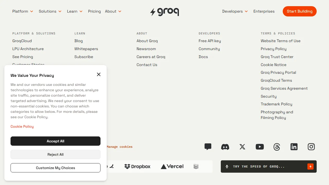 Groq interface screenshot showing the main dashboard
