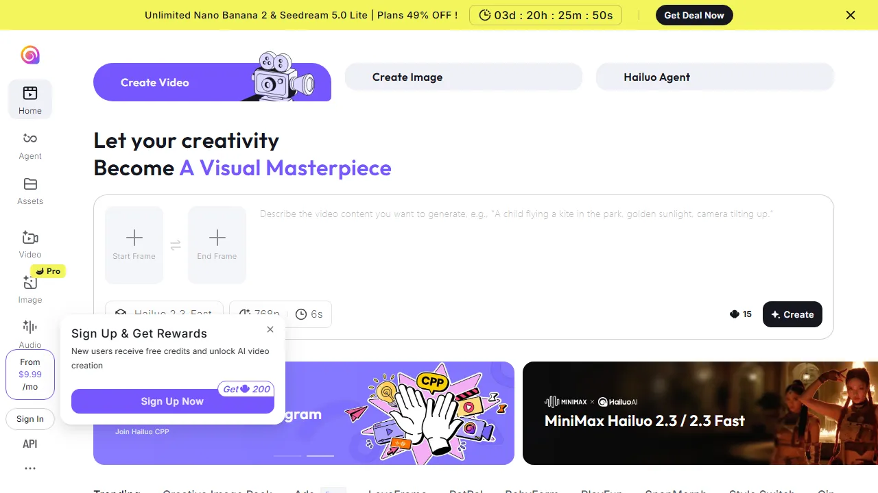 Hailuo AI interface screenshot showing the main dashboard