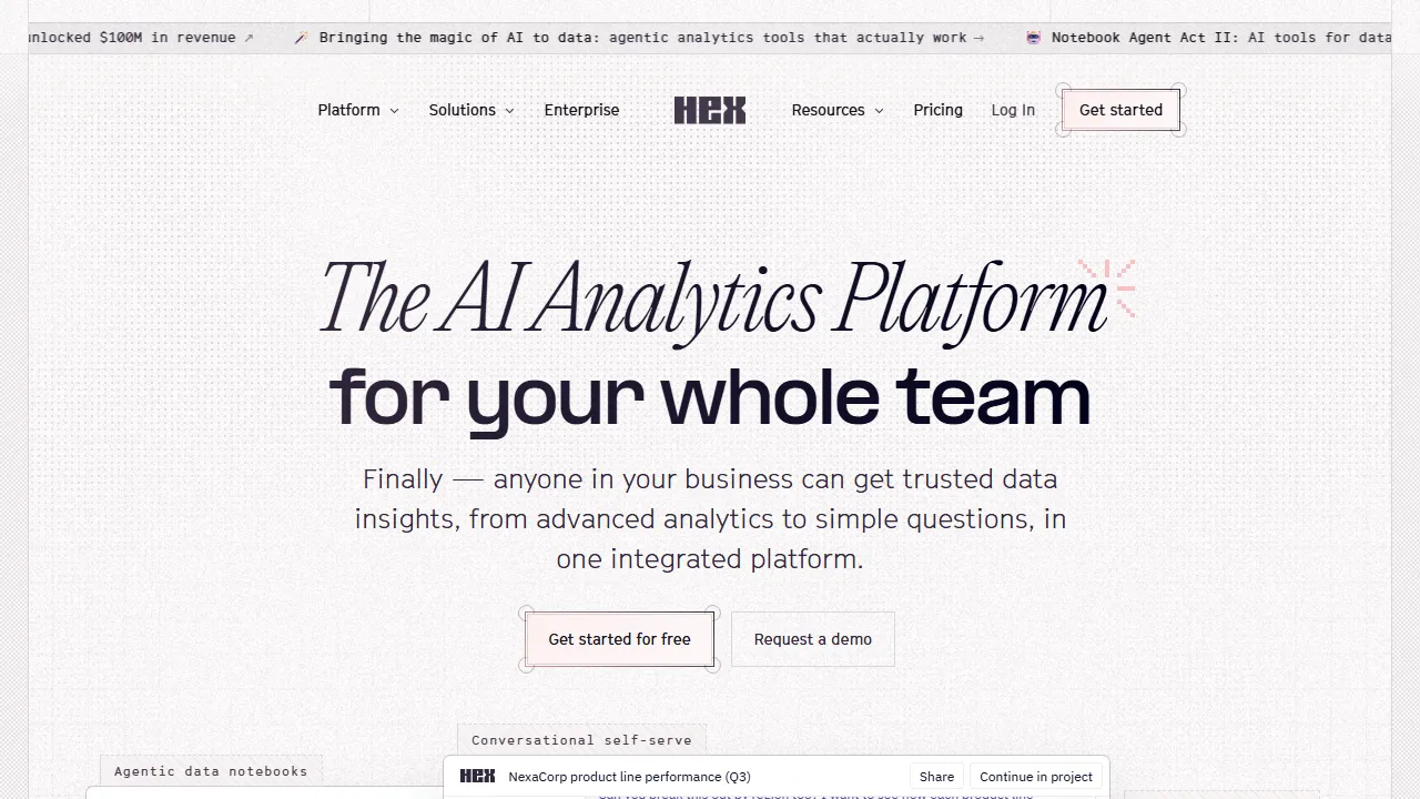 Hex AI interface screenshot showing the main dashboard