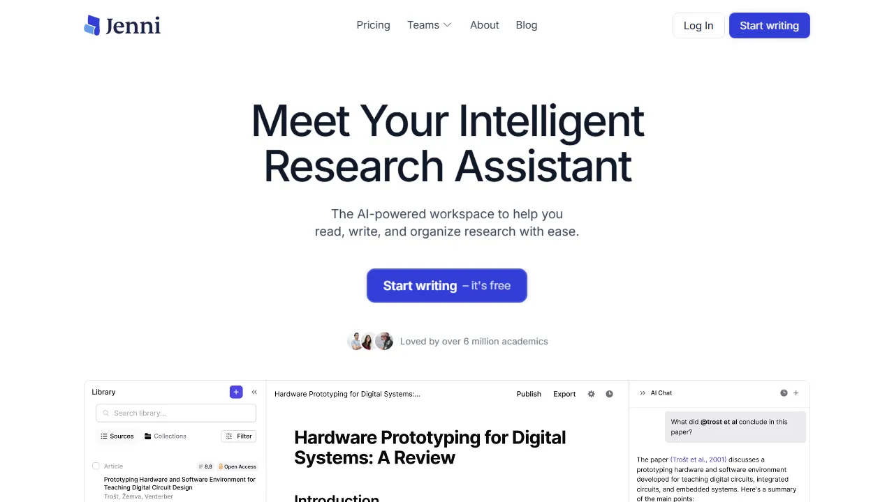 Jenni AI interface screenshot showing the main dashboard