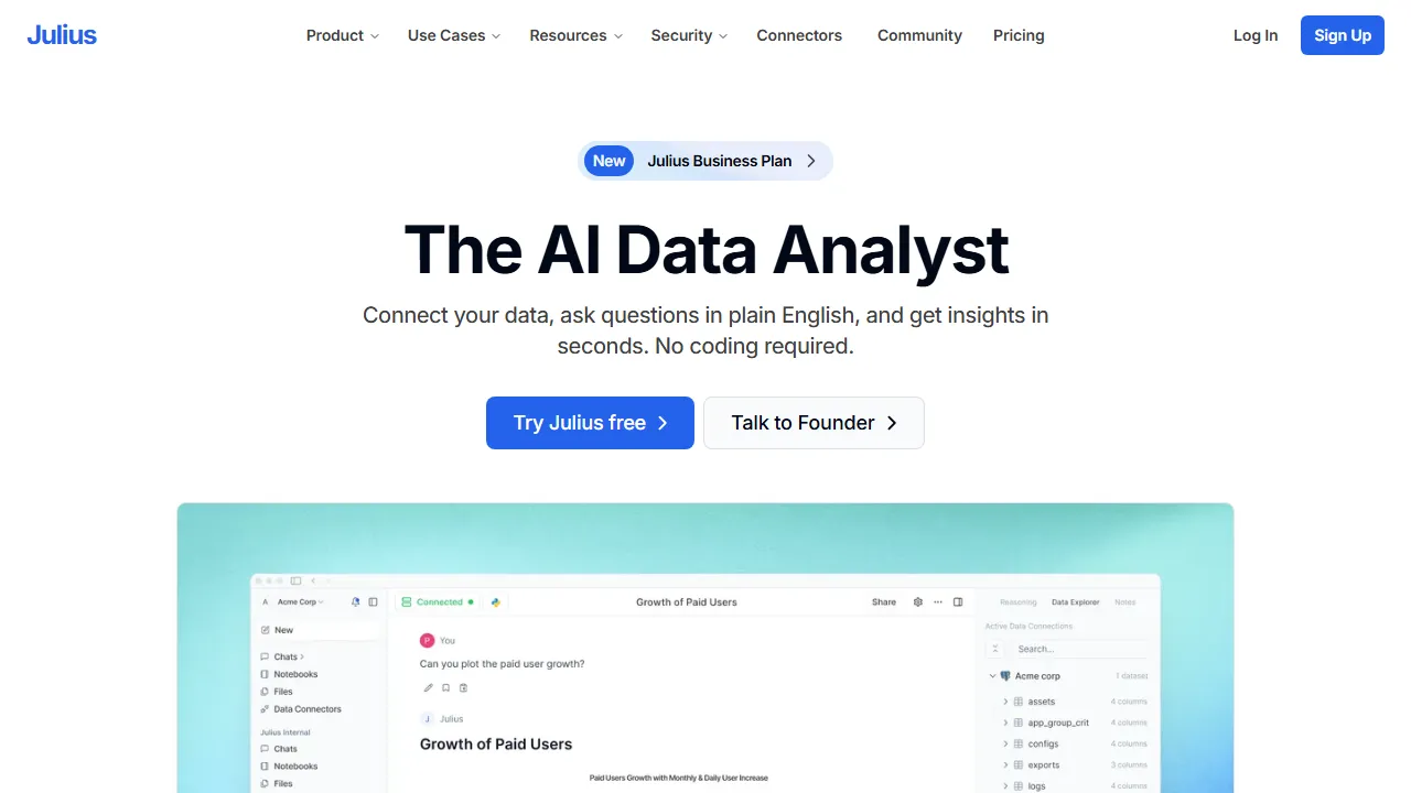 Julius AI interface screenshot showing the main dashboard