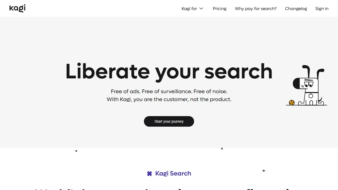 Kagi Search interface screenshot showing the main dashboard