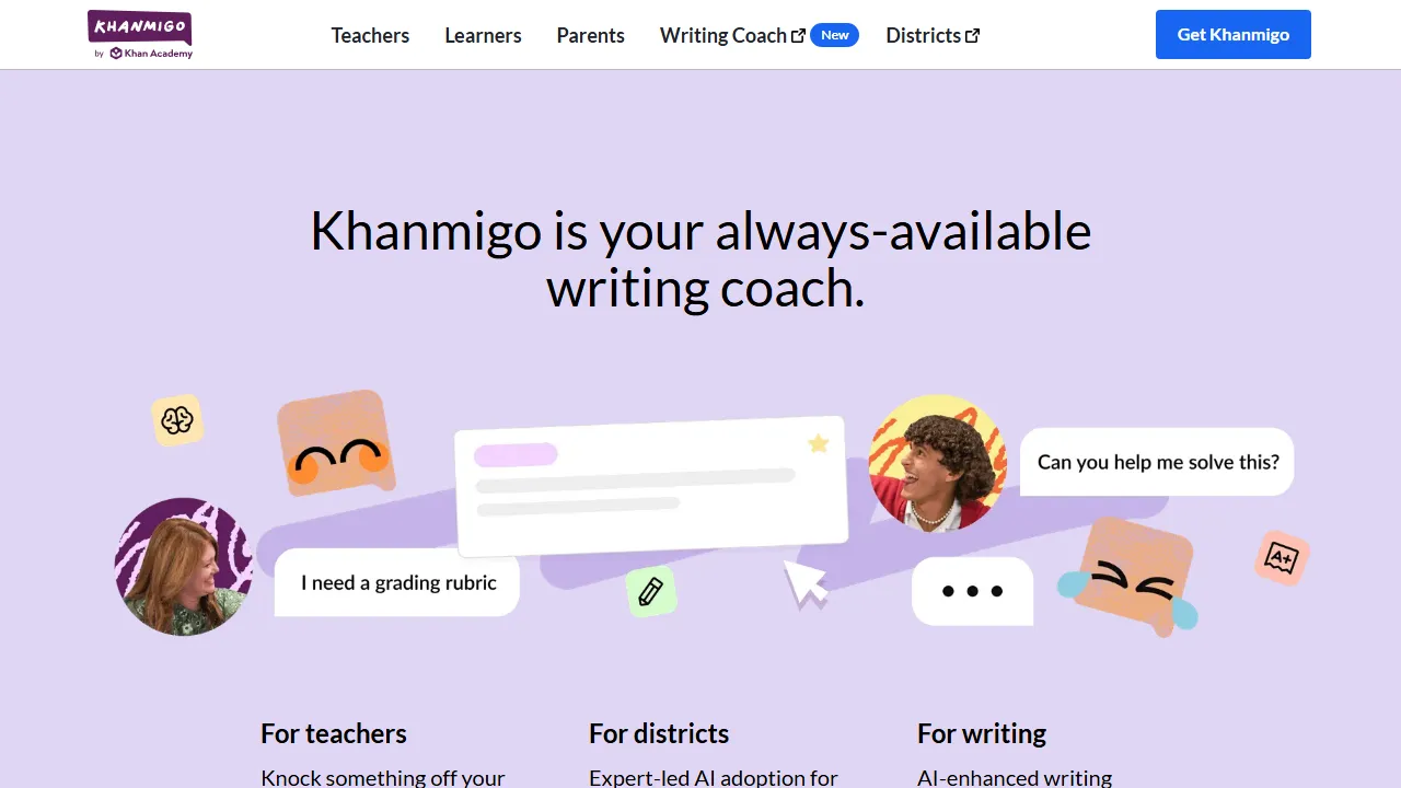 Khan Academy Khanmigo interface screenshot showing the main dashboard