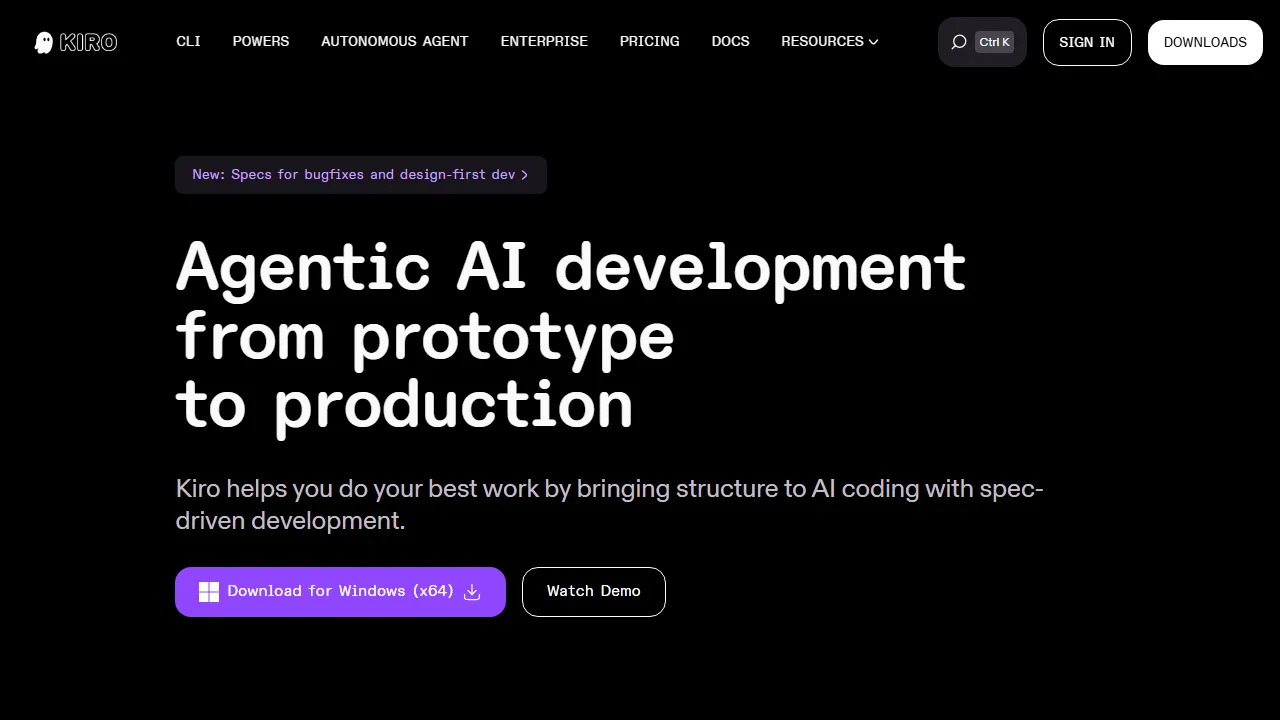 Kiro interface screenshot showing the main dashboard