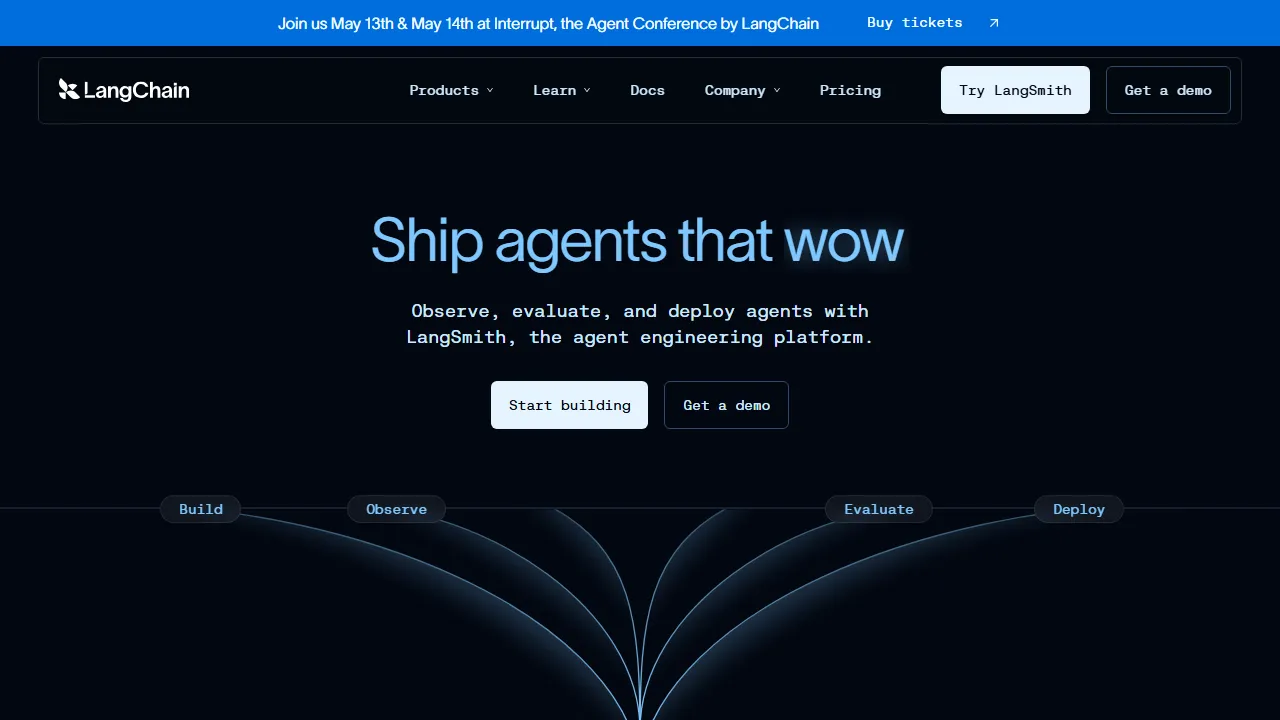 LangChain interface screenshot showing the main dashboard