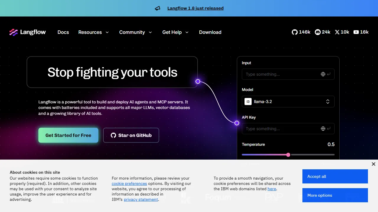 Langflow interface screenshot showing the main dashboard