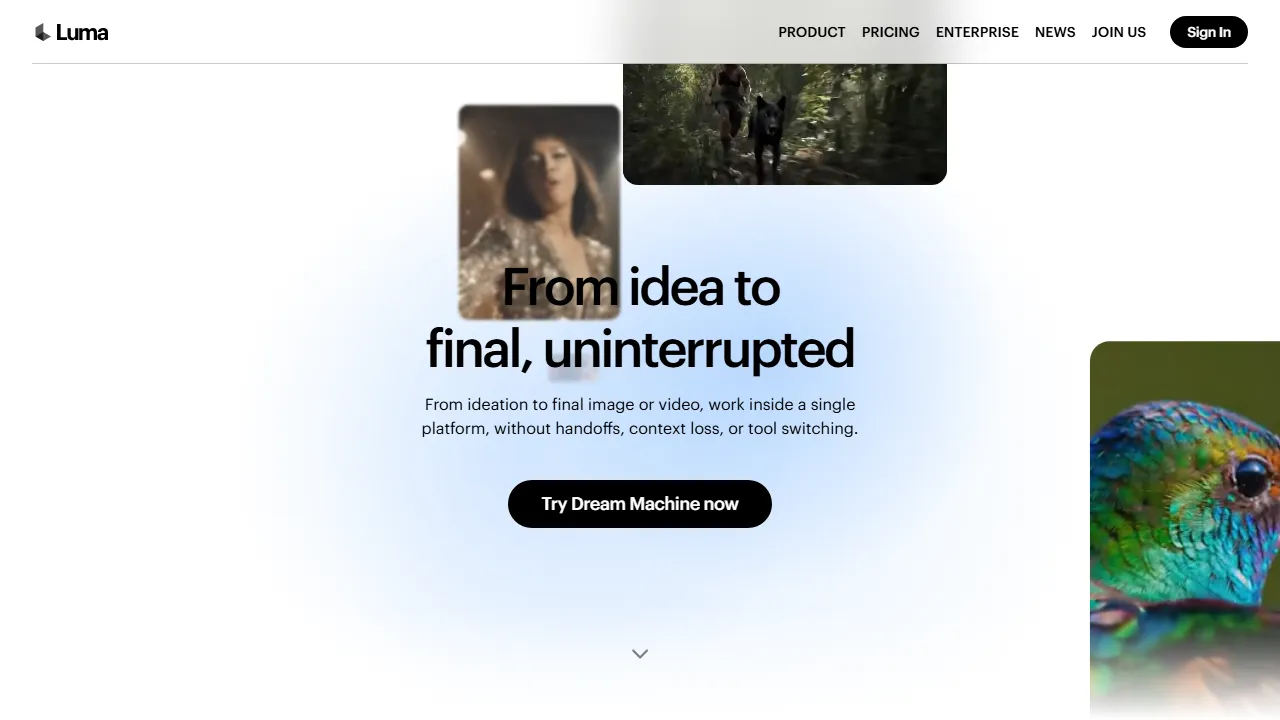 Luma Dream Machine interface screenshot showing the main dashboard