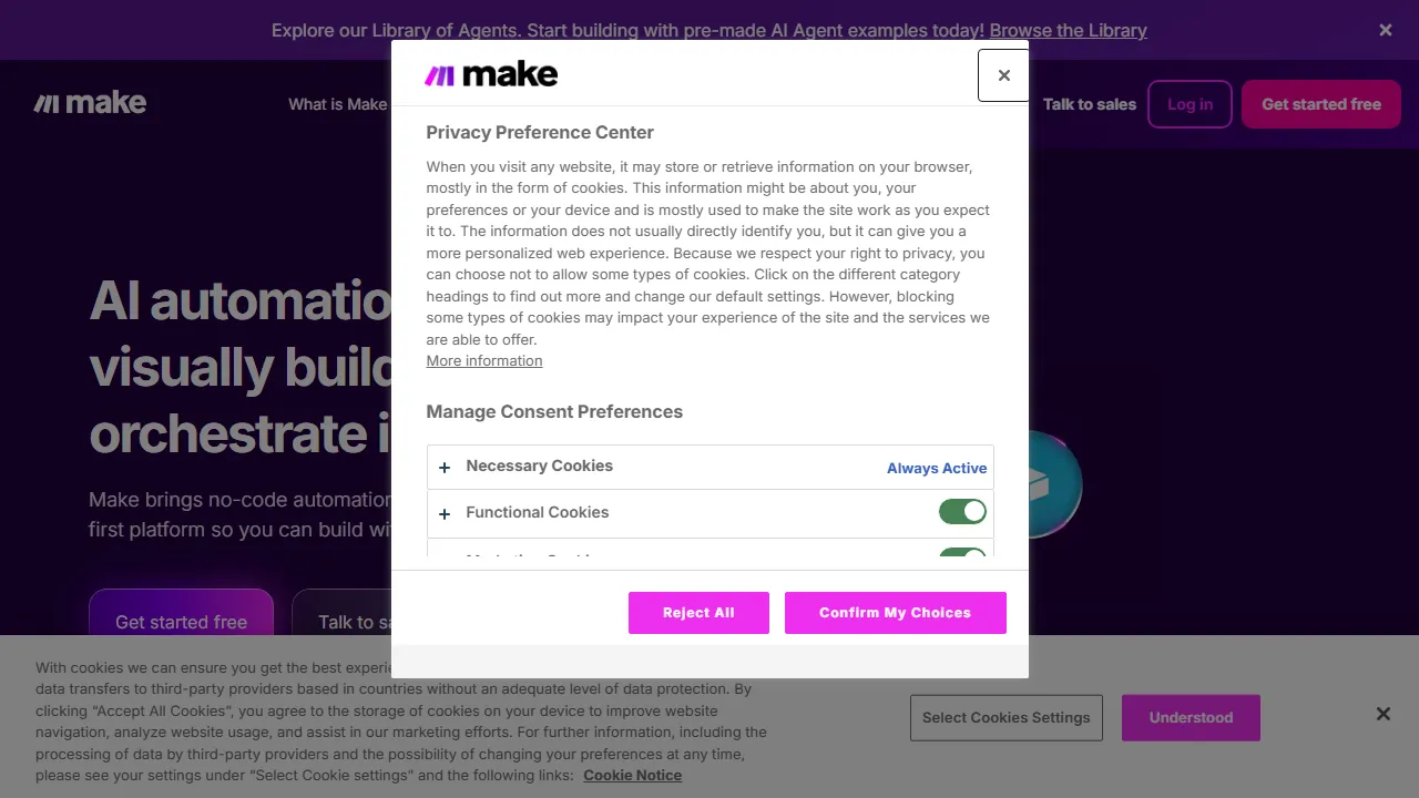 Make（旧Integromat） interface screenshot showing the main dashboard