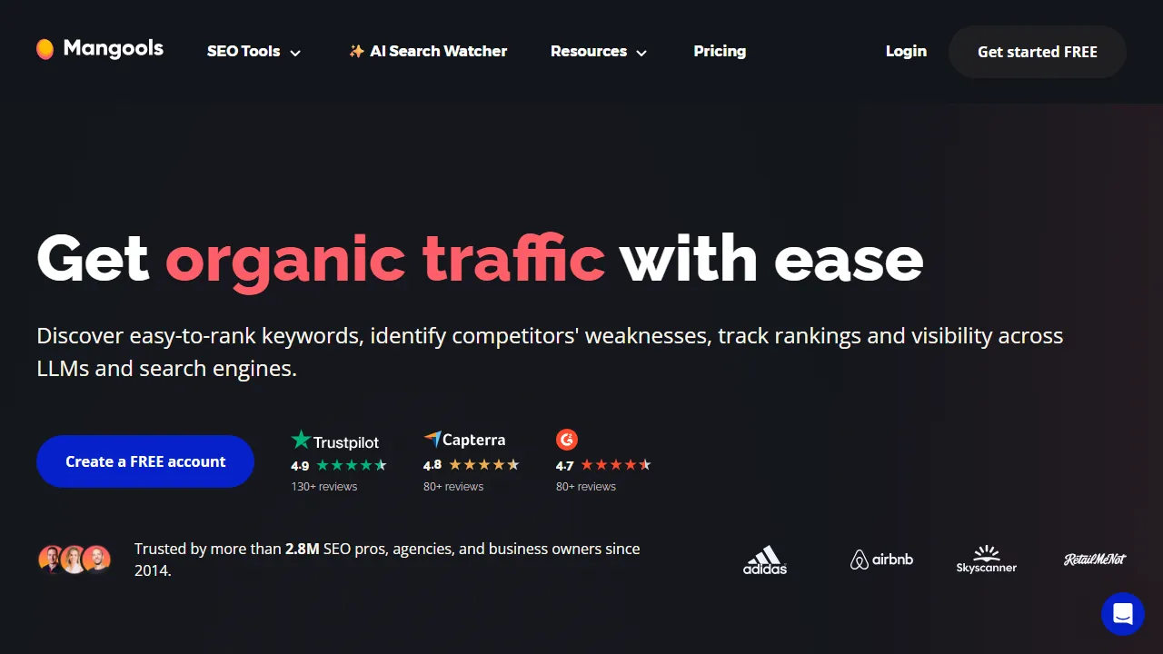 Mangools interface screenshot showing the main dashboard