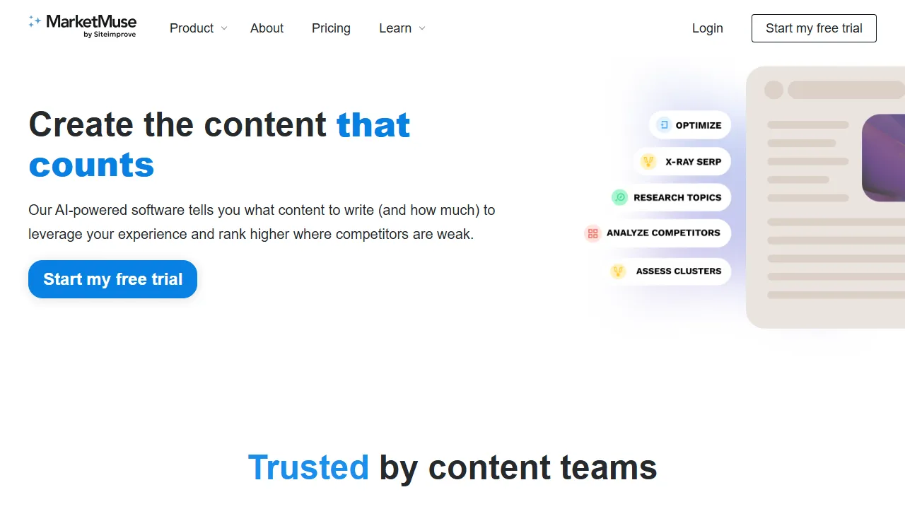MarketMuse interface screenshot showing the main dashboard