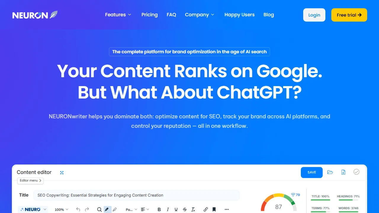 NeuronWriter interface screenshot showing the main dashboard