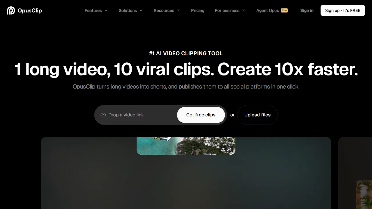 OpusClip interface screenshot showing the main dashboard