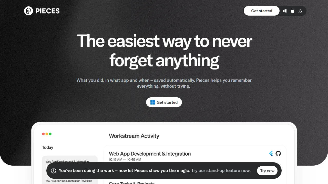 Pieces for Developers interface screenshot showing the main dashboard