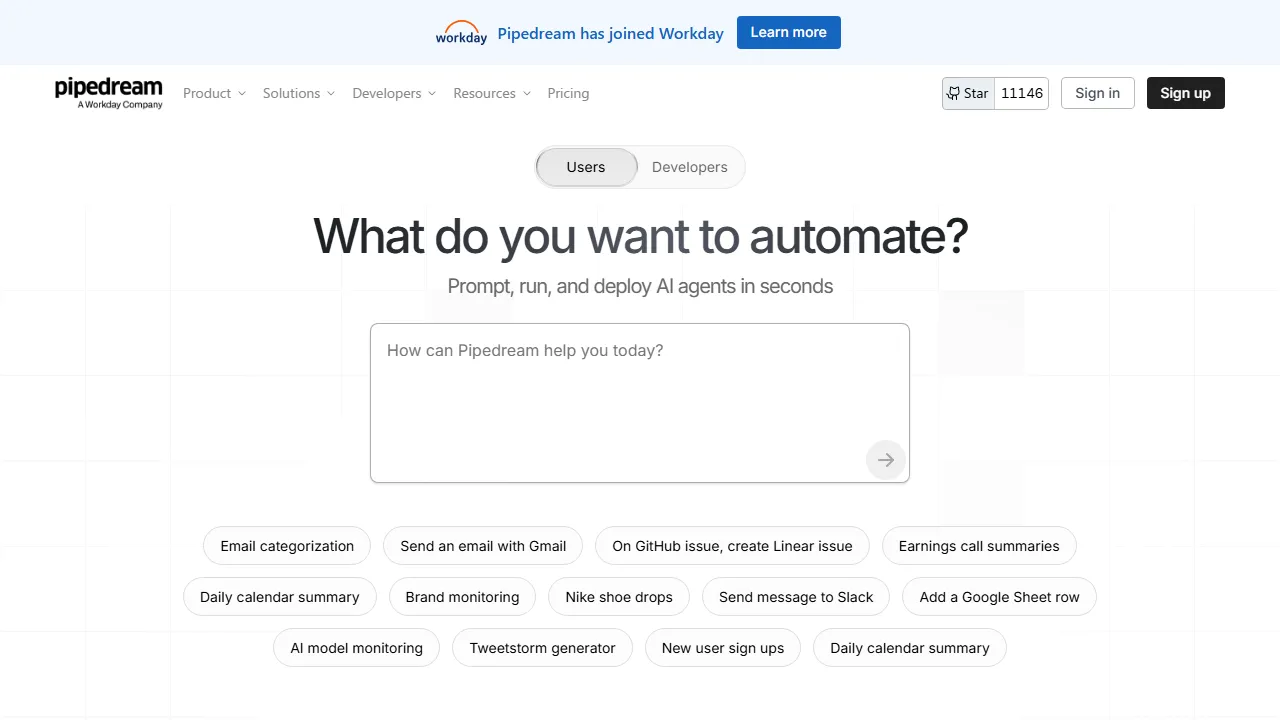 Pipedream interface screenshot showing the main dashboard