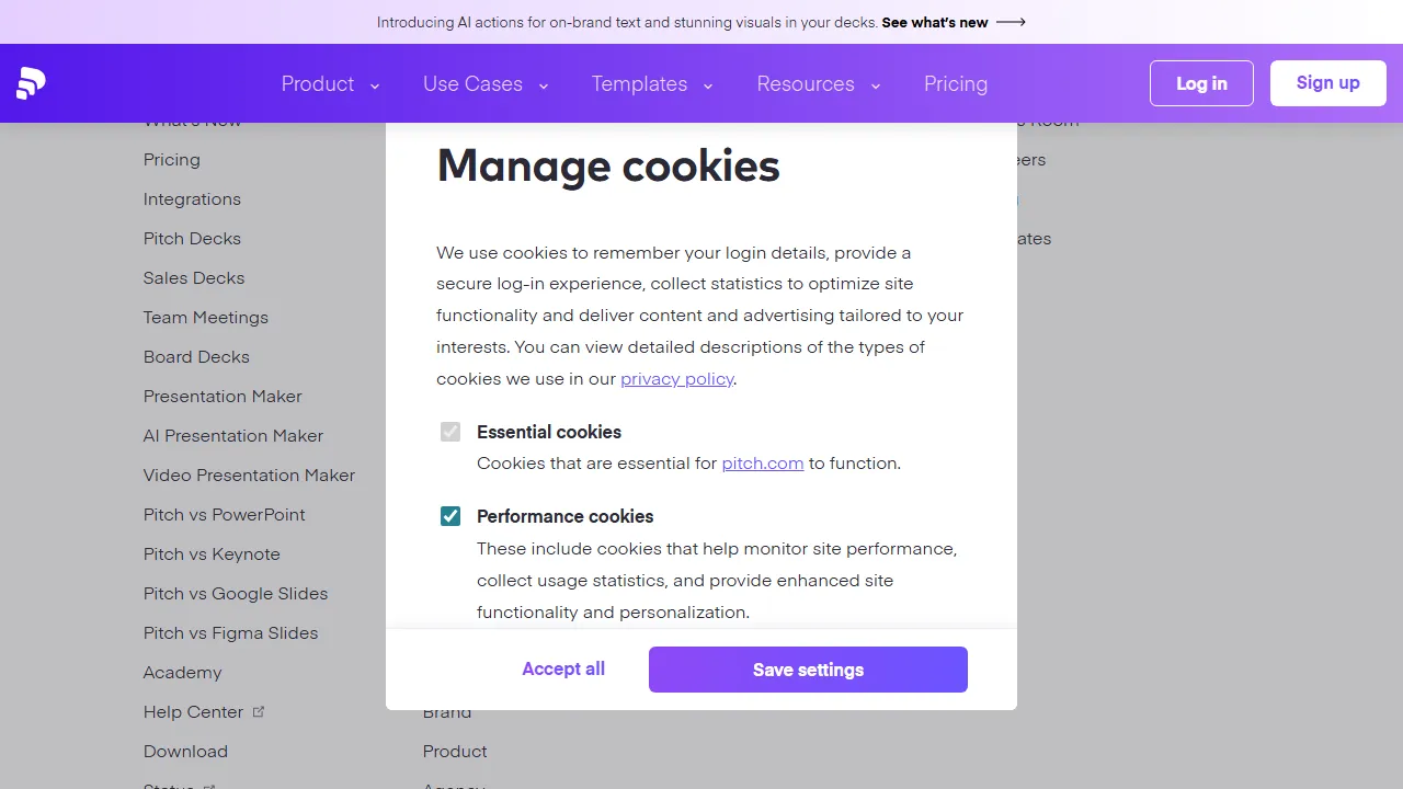 Pitch AI interface screenshot showing the main dashboard