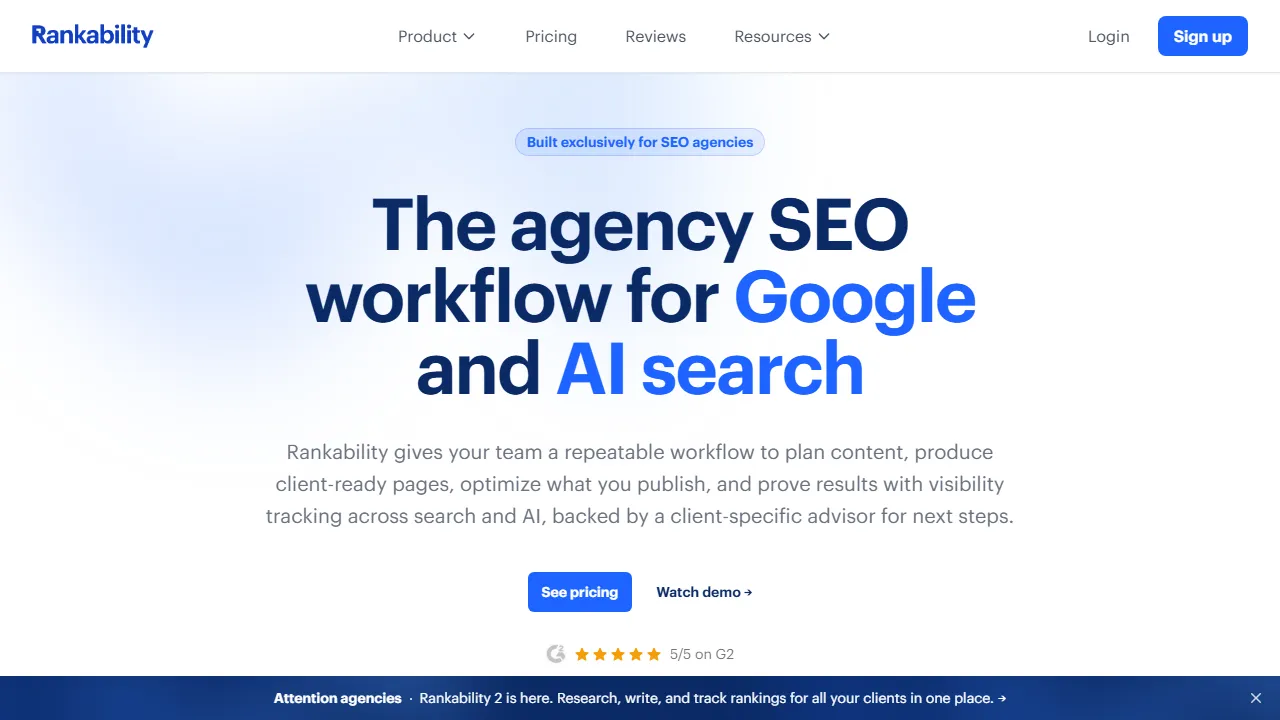 Rankability interface screenshot showing the main dashboard