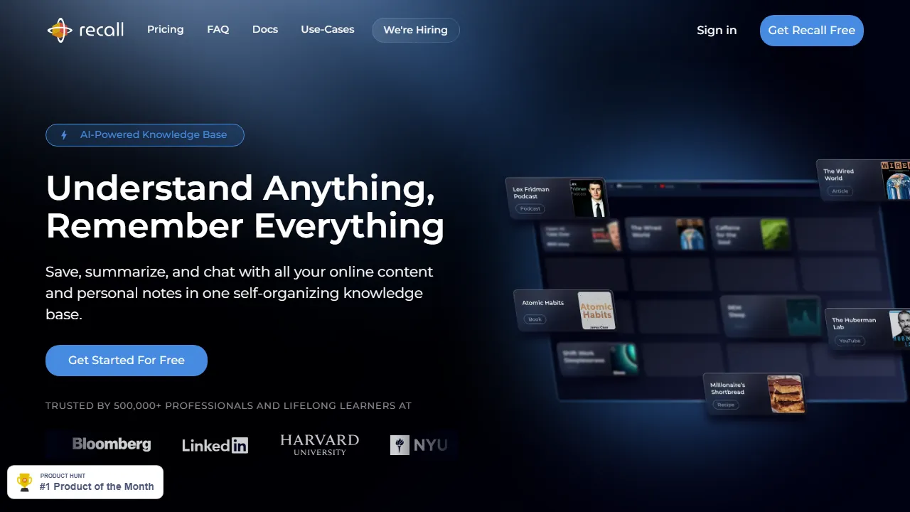 Recall interface screenshot showing the main dashboard
