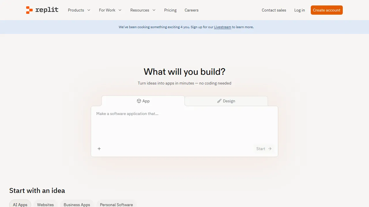Replit Agent interface screenshot showing the main dashboard