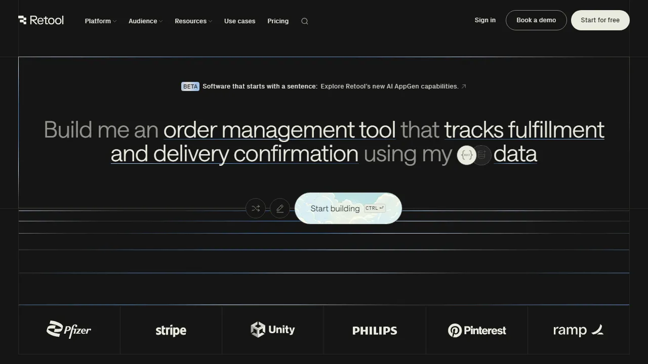 Retool AI interface screenshot showing the main dashboard