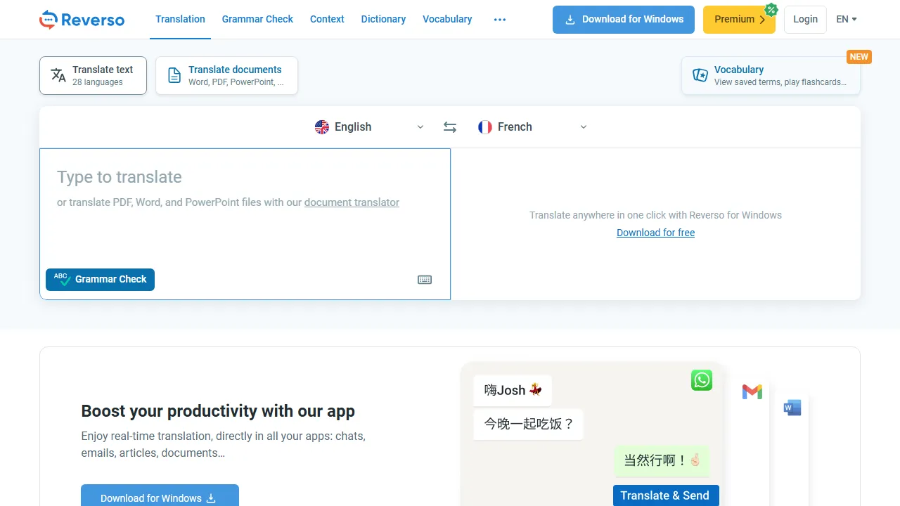 Reverso interface screenshot showing the main dashboard
