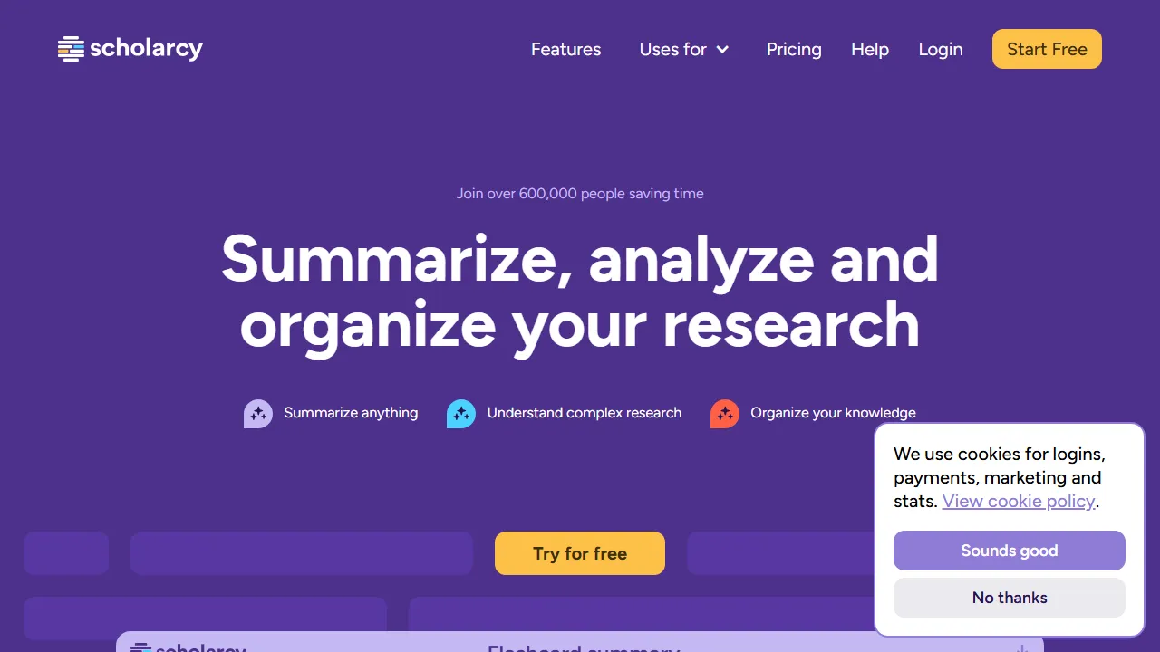 Scholarcy interface screenshot showing the main dashboard