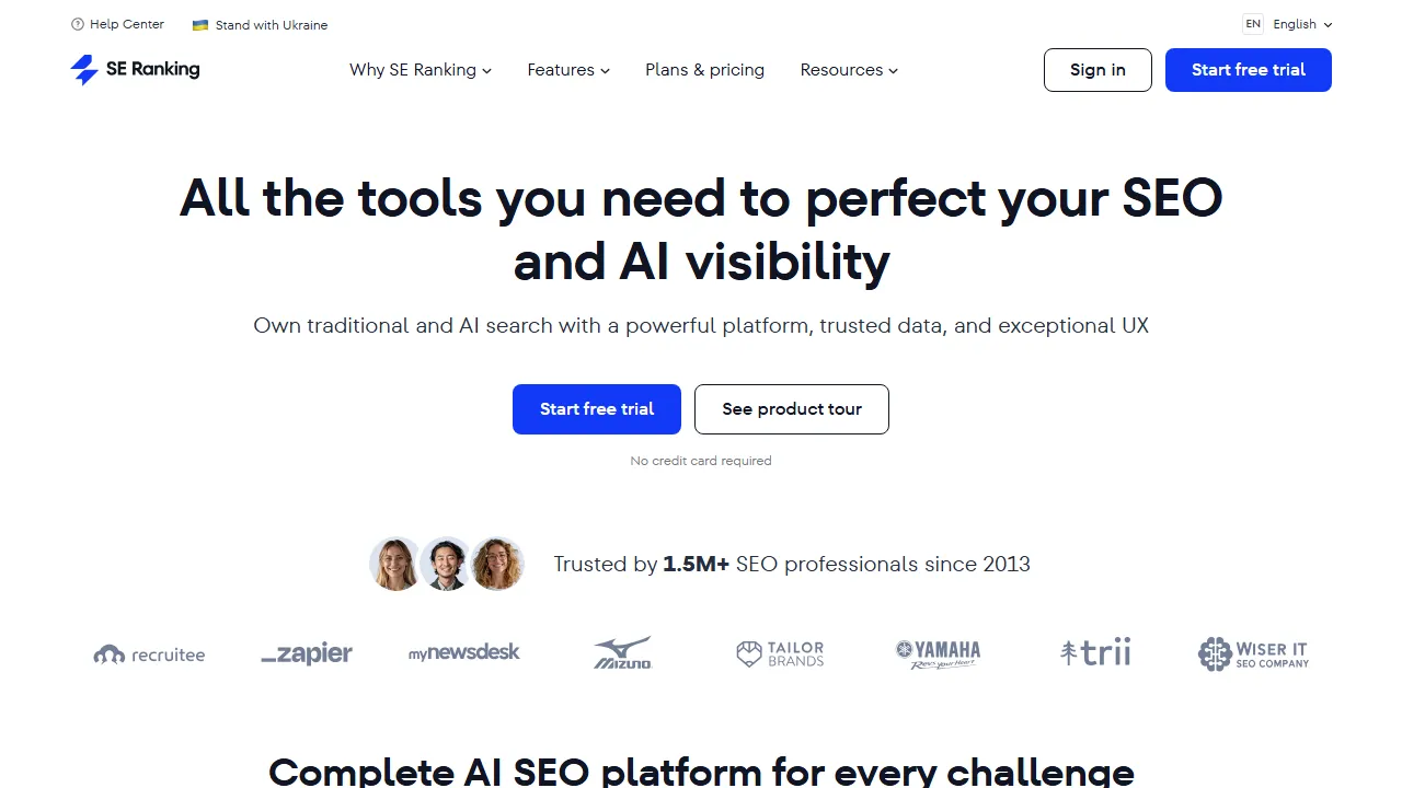 SE Ranking interface screenshot showing the main dashboard