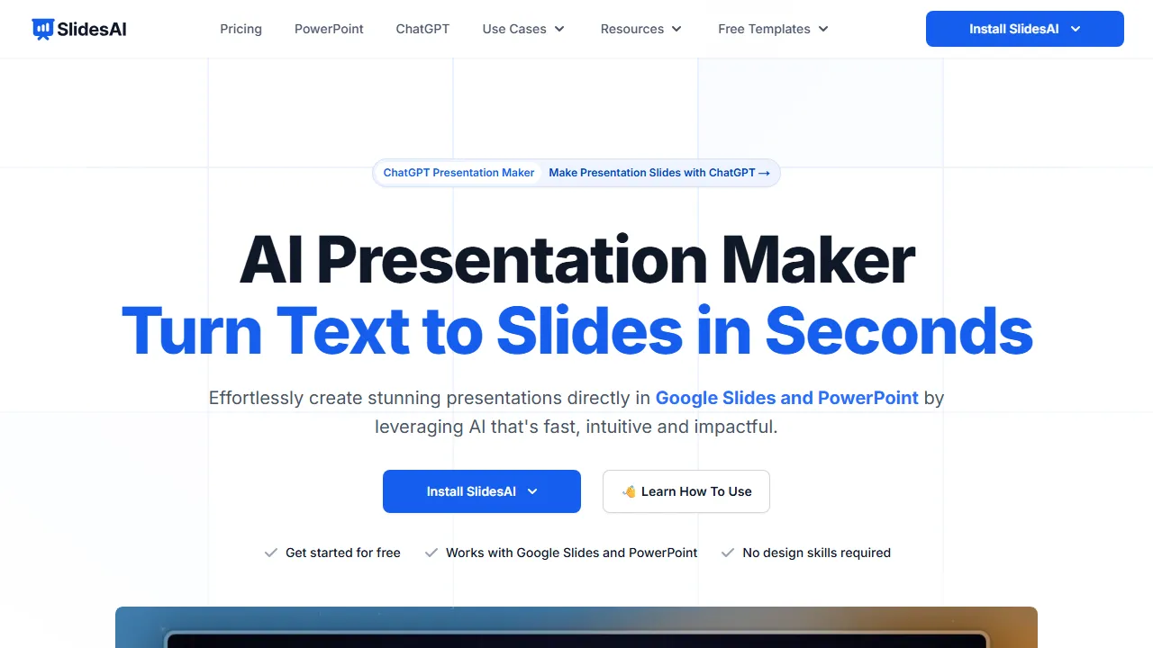SlidesAI interface screenshot showing the main dashboard