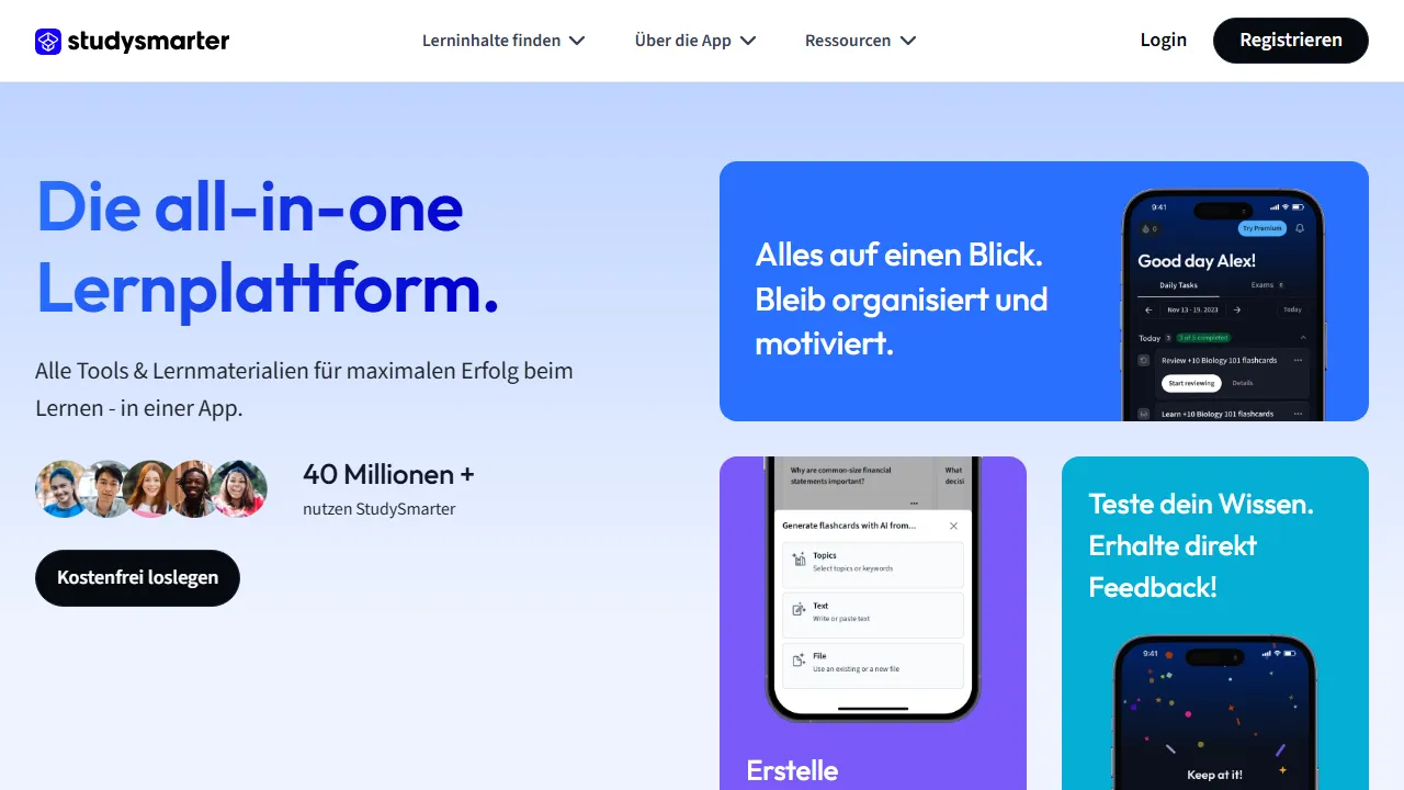 StudySmarter interface screenshot showing the main dashboard