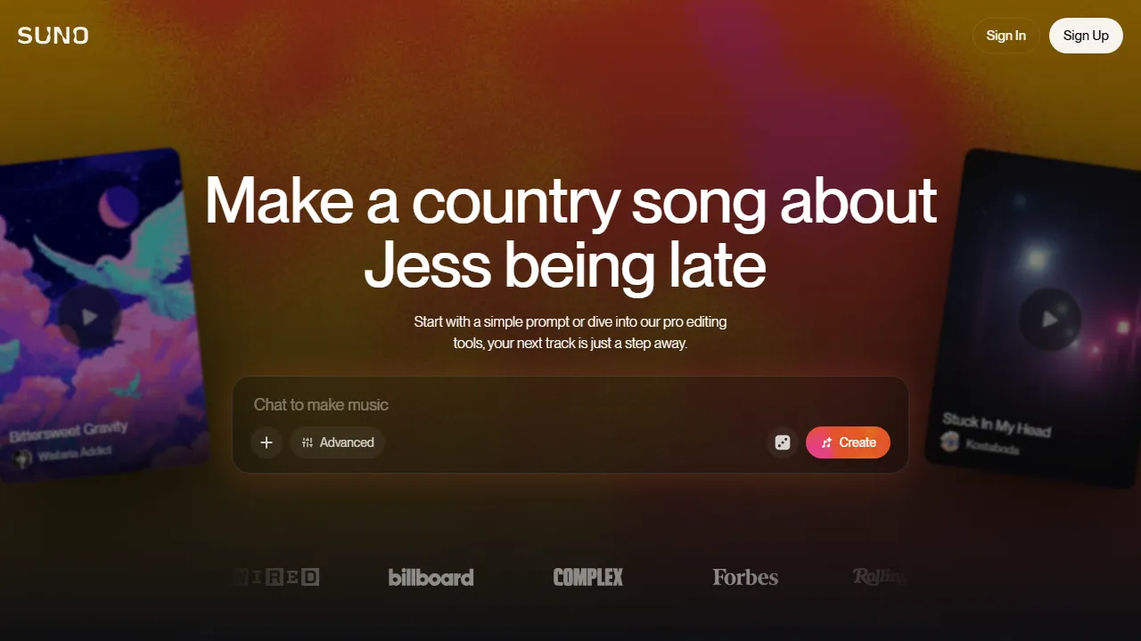 Suno AI interface screenshot showing the main dashboard