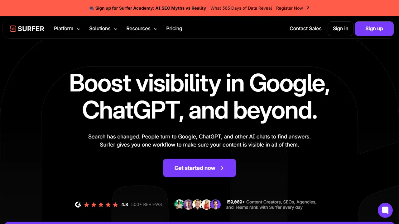 Surfer SEO interface screenshot showing the main dashboard