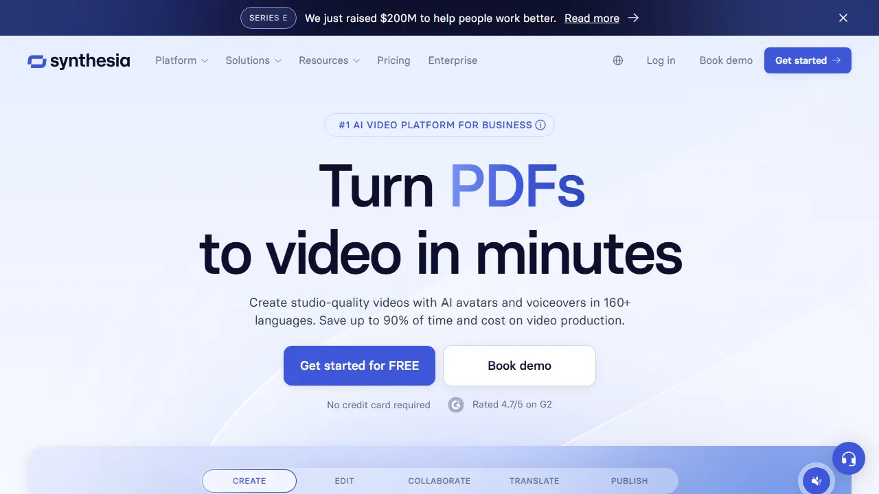 Synthesia interface screenshot showing the main dashboard