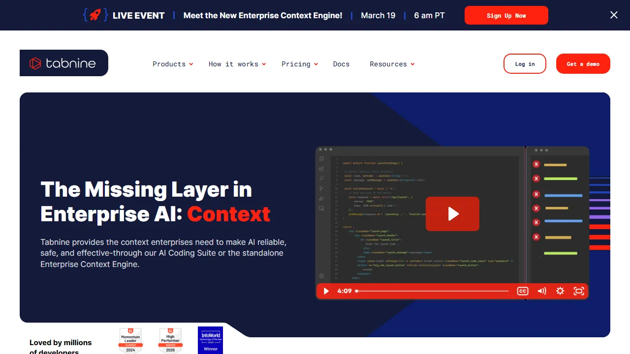 Tabnine interface screenshot showing the main dashboard